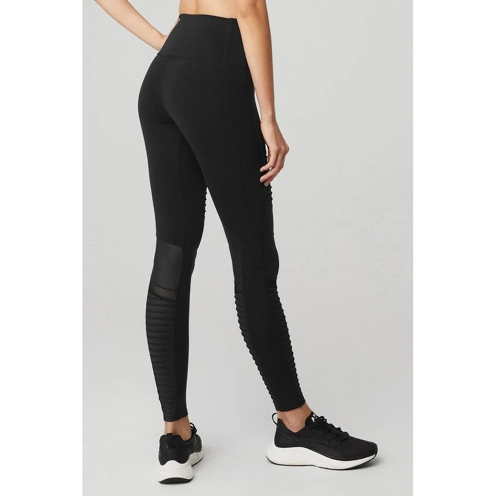 ALO Yoga Moto Leggings High Waist‎ Black Moto Panel Detail Athleisure Small
